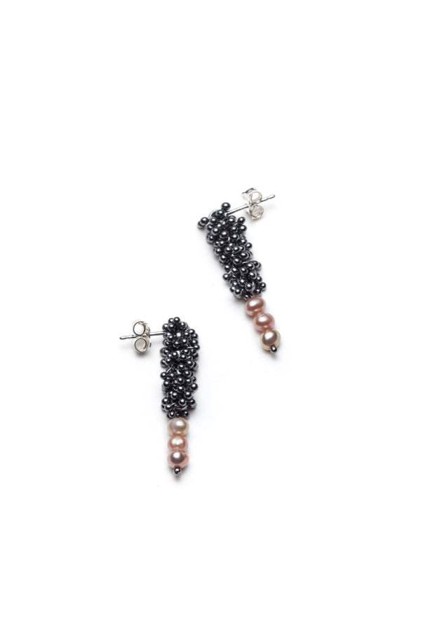 Birch Blossom ShikShok Earrings with Pink Pearls, Oxidized Finish